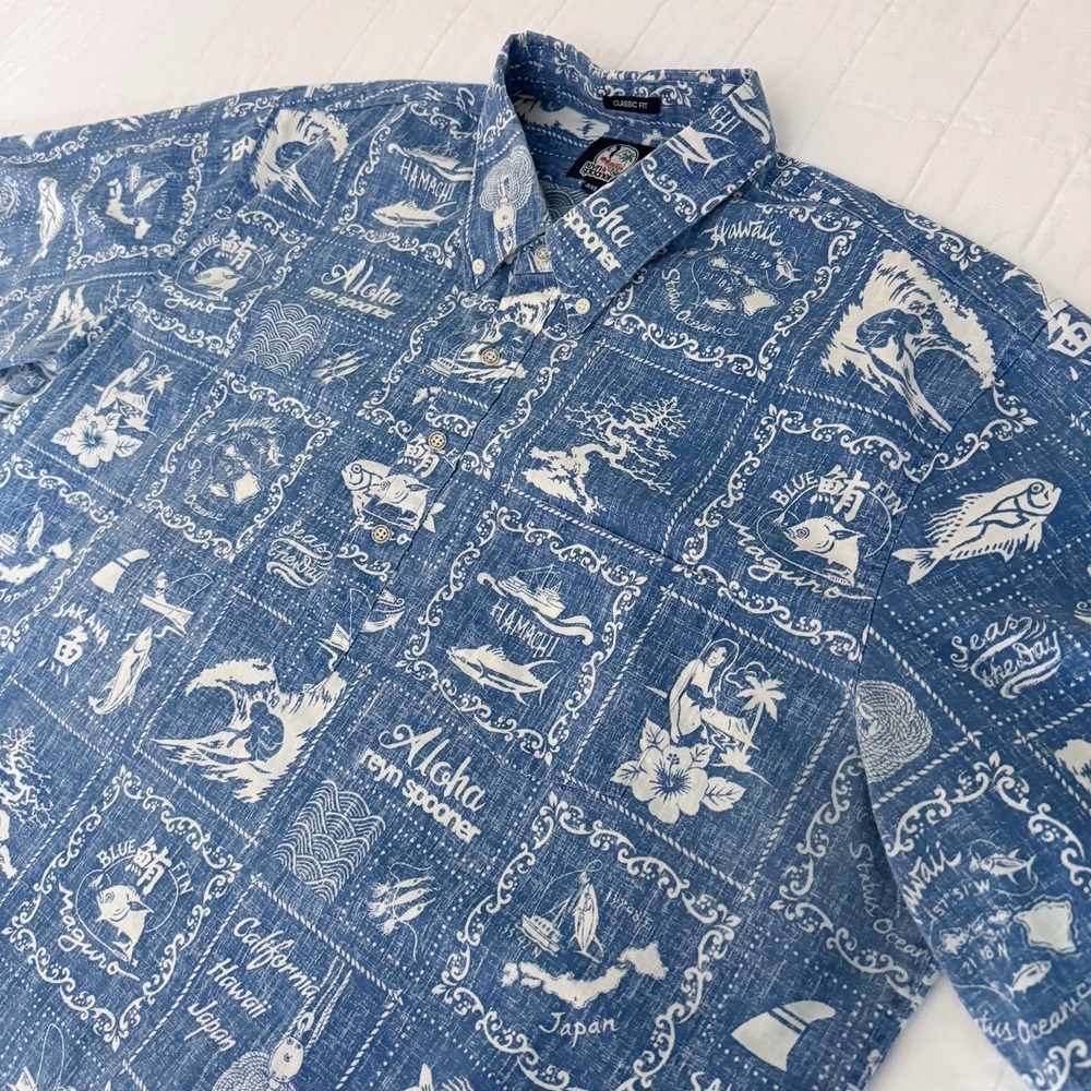 reyn spooner Blue and White Aloha Patchwork Button-Down Shirt